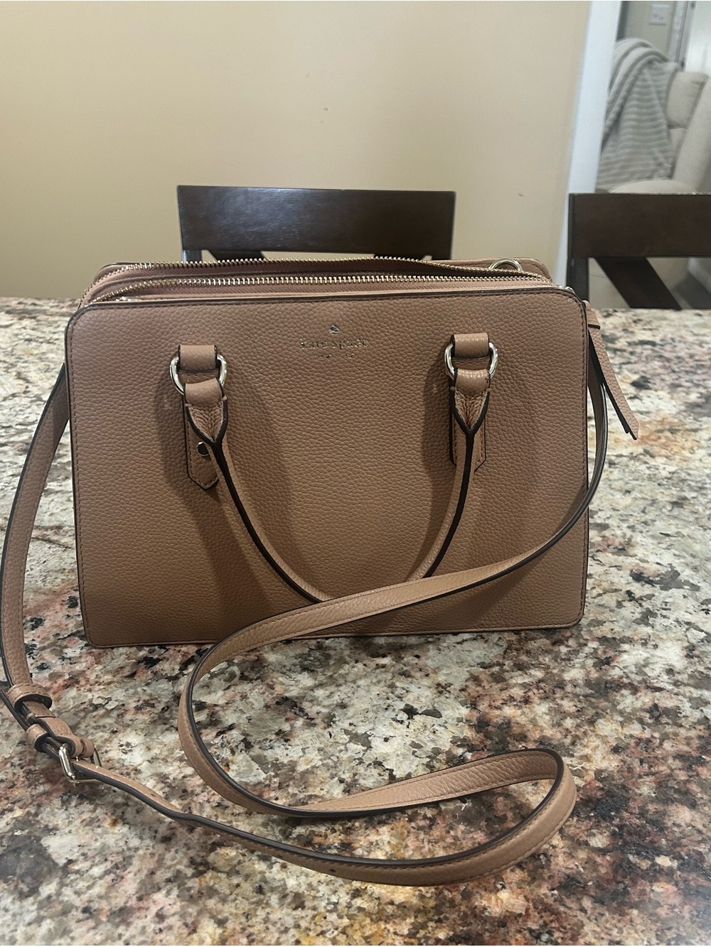 kate spade taupe/brown pebbled leather satchel with crossbody strap